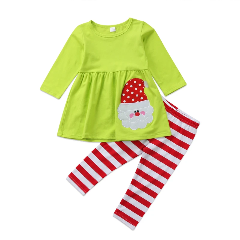 

CANIS Christmas Kids Baby Girl Clothes Set Long Sleeve SANTAS T-shirt Tops Dress+ striped Pants Leggings Outfits Xmas Girls Kid