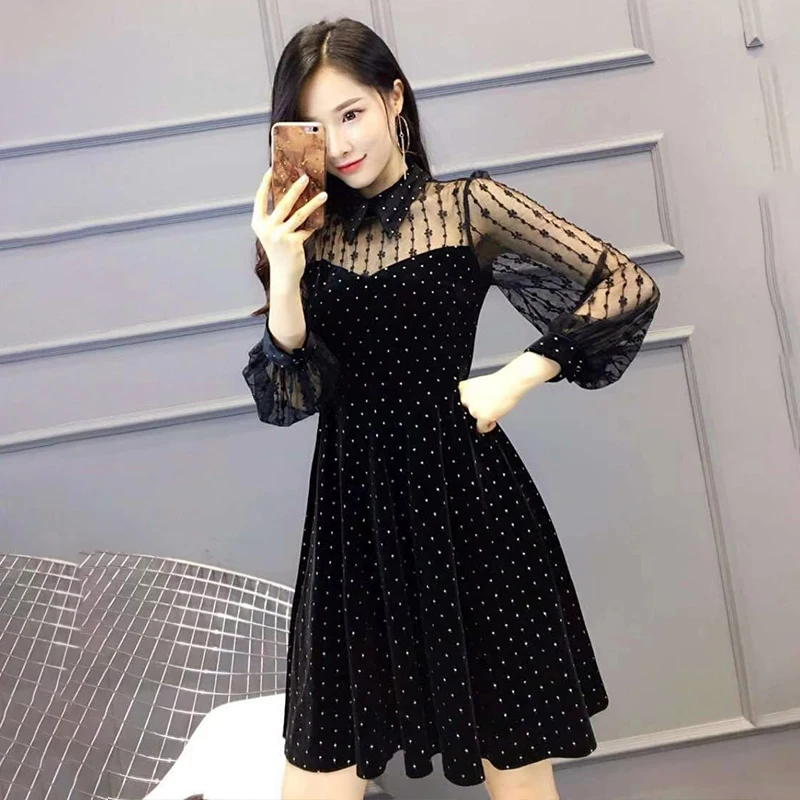 

Women Dress Black 2019 Spring Summer Sexy Dresses Party Night Club Office Lady Elegant Gold Velvet Mesh Plus Size Casual Dress