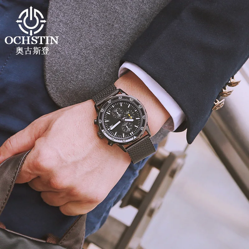 Cena OCHSTIN 2019 moda sport zegarki męskie wodoodporne analogowe siatka stalowa pasek kwarcowy zegarki mężczyźni Brithday zegar Reloj Homb