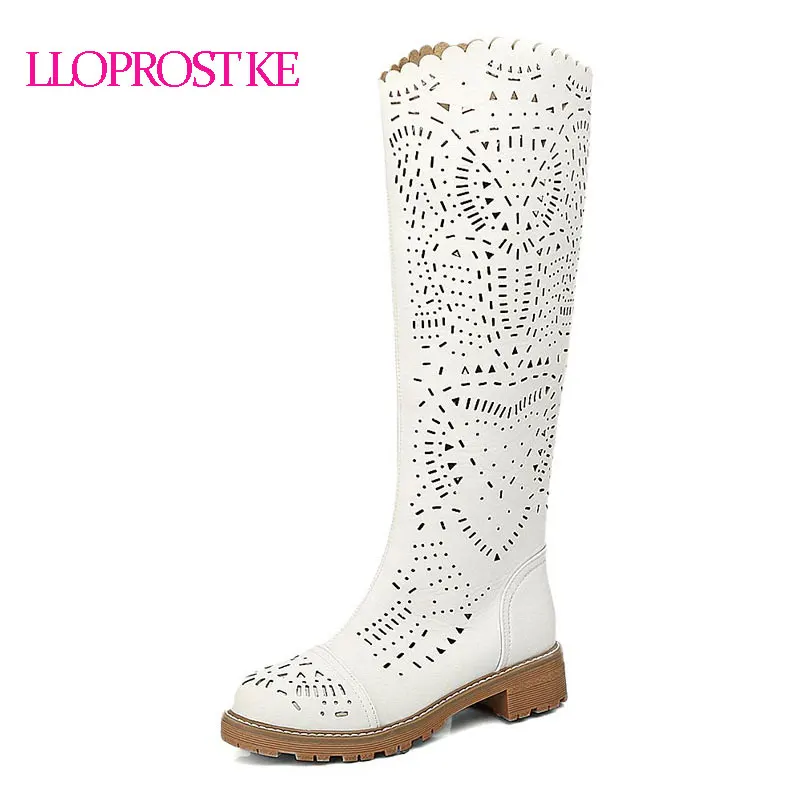 

Lloprost Ke Shoes Women Knee Boots Thick Heel Boots Breathable Hollow Long Boots Size 34-43 White Yellow Platform Hot Sale GL034