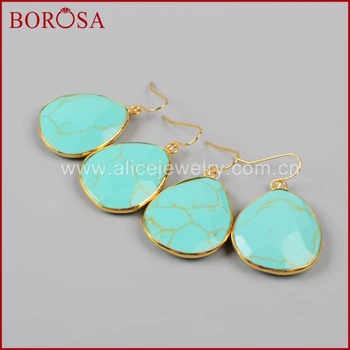 

BOROSA Druzy Jewelry Gold Color Drop Howlite Greenish Sky Blue Stone Faceted Slice Dangle Earring G1001