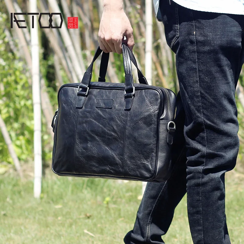 AETOO Retro casual leather handbag, male head cowhide computer bag, handmade business briefcase