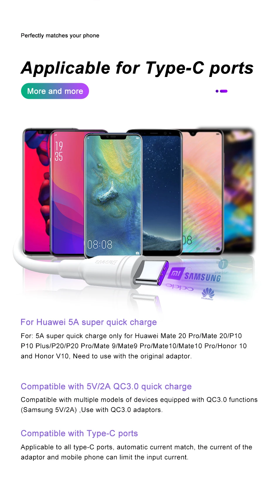 Basus 5A usb type C кабель для huawei P30 mate 30 Pro Supercharge Quick Charge 3,0 Быстрая зарядка для Xiaomi 9 USB-C провод зарядного устройства