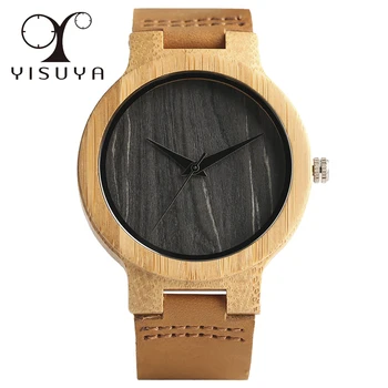 

YISUYA Stylish Wood Watch Mens Genuine Leather Band Strap Bamboo Wooden Quartz Wristwatches Modern Gift
