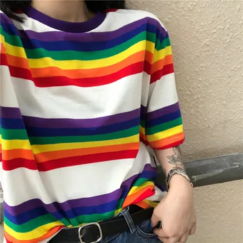 

Rainbow Stripe Print T-Shirt Korean Kawaii Round Neck Thin Loose T-Shirt Women Clothes Simple and versatile round neck