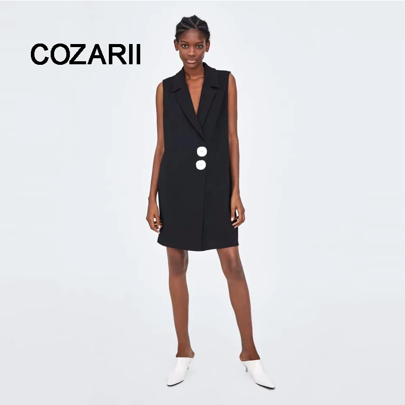 

COZARII 2018 Vestidos Feminina Dress England Style Panelled Double Button Notched Sleeveless Black Mini Dress Vestido Women