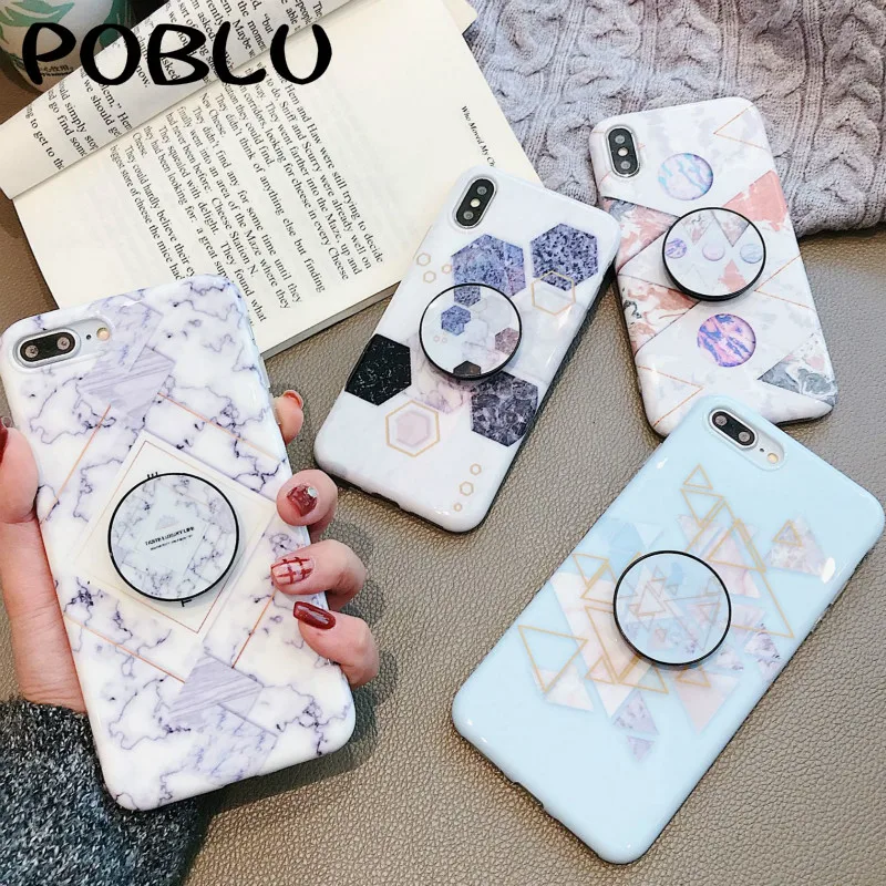 

POBLU Brands Geometric Marble Cases For iphone XR XS Max IMD TPU Soft Back Phone Cover With Kickstand For iphone 6s 7 8 Plus