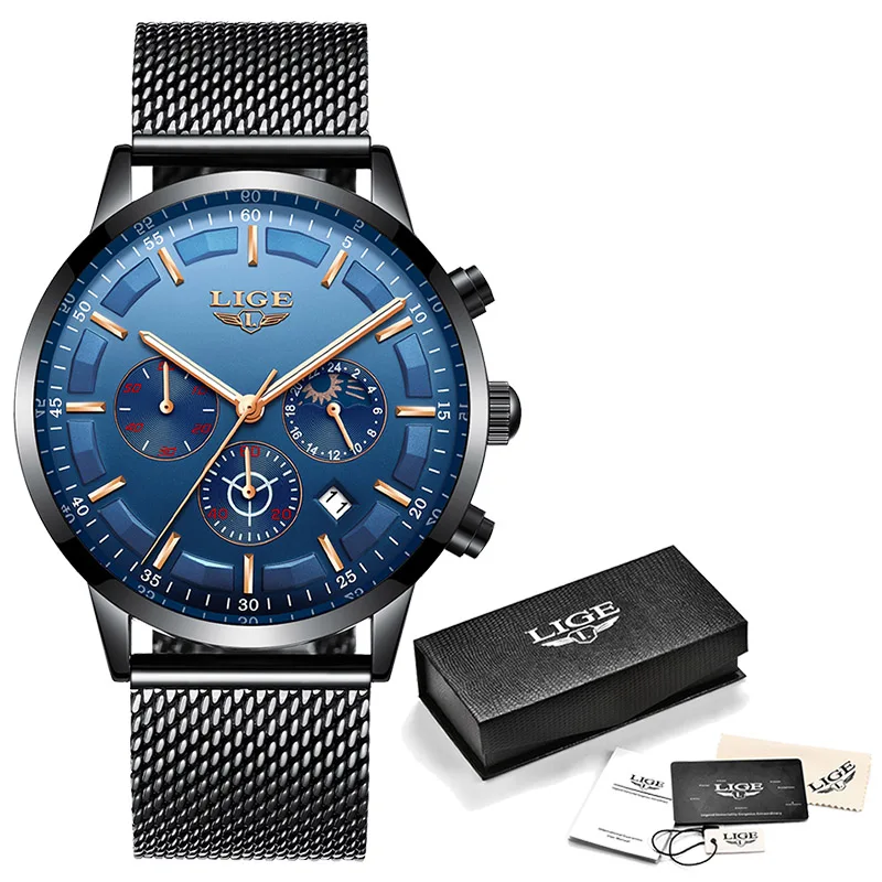 Новые часы мужские LIGE модные спортивные кварцевые часы мужские s часы Топ бренд класса люкс Бизнес водонепроницаемые часы Relogio Masculino+ коробка - Цвет: Mesh rose gold blue