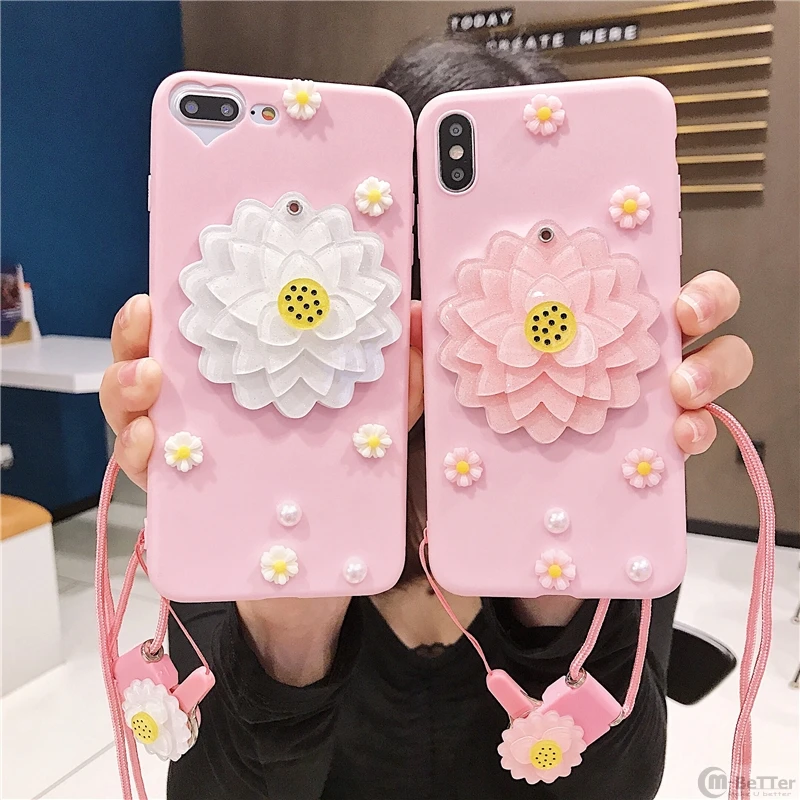 For iPhone X/XS MAX case 6/6s+ 7/8 plus XR soft silicone cover make-up mirror shell pink daisy flower + long strap girl gift