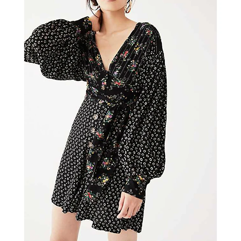 

HIGH QUALITY New Fashion 2019 Summer Designer Runway Dress Women's Long Sleeve Lantern Sleeve V-neck Floral Dress