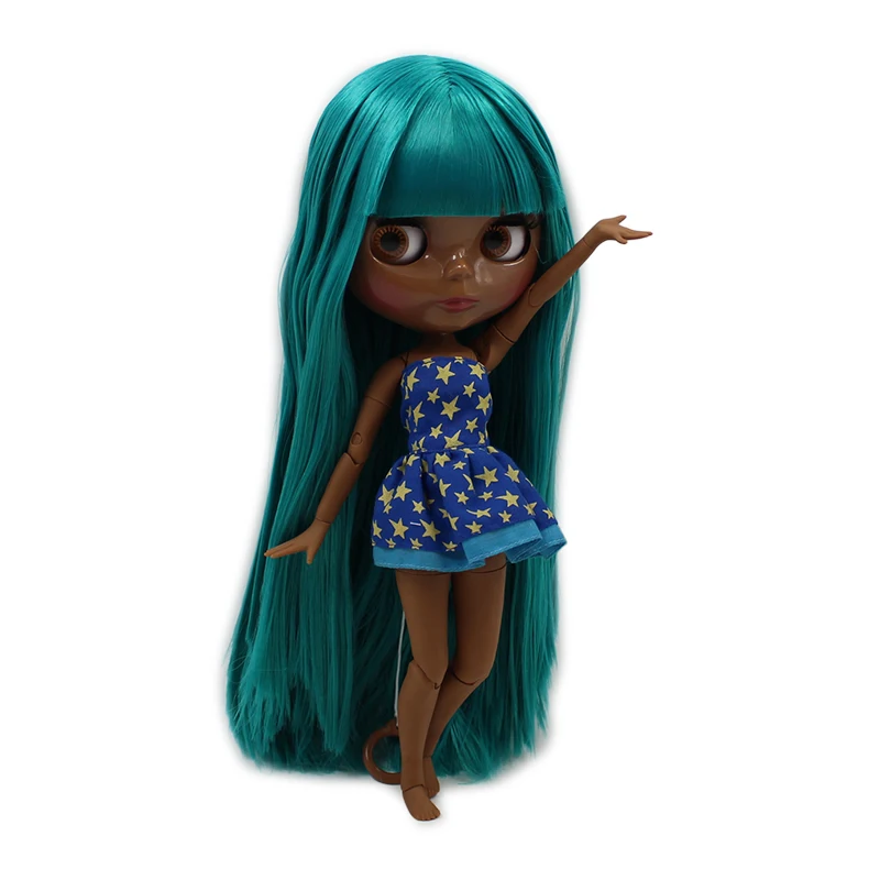 

fortune days factory blyth doll super black skin tone darkest skin green straight hair joint body 1/6 30cm BL1465