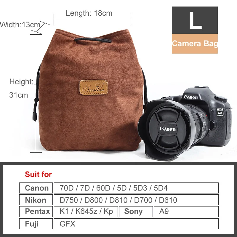 Vintage Velvet Fleece DSLR Bag Drawstring Bag Lens Pouch Protection Camera Dust-proof Scrach-proof for Canon Nikon Sony Pentax - Цвет: Camera Bag Brown L