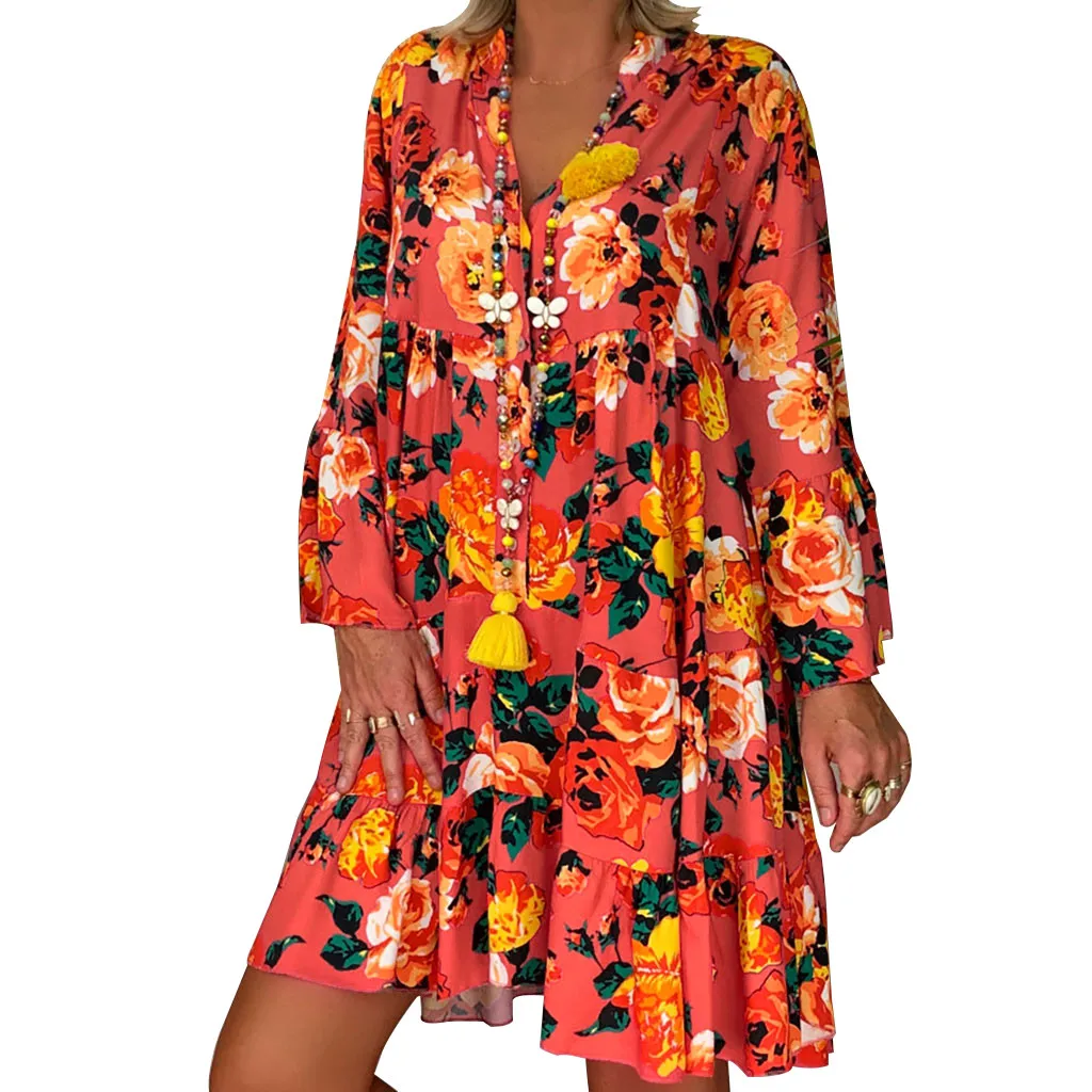 JAYCOSIN, женское летнее платье в стиле бохо, Пляжное платье с цветочным принтом, сарафан, свободные Мини Короткие вечерние платья размера плюс 5XL