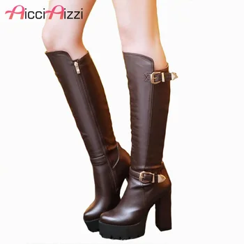 

ZALAVOR Women's High Heels Winter Boots Metal Buckle High Platform Shoes Women Fashion Fur Warm Knee High Boots Size 34-39