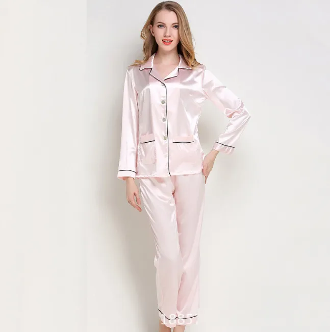 Атласная Шелковая пижама комплект короткий рукав на пуговицах Pj корейский комплект Пижама для сна домашней одежды из двух частей Pj Наборы ouc413 - Цвет: Розовый