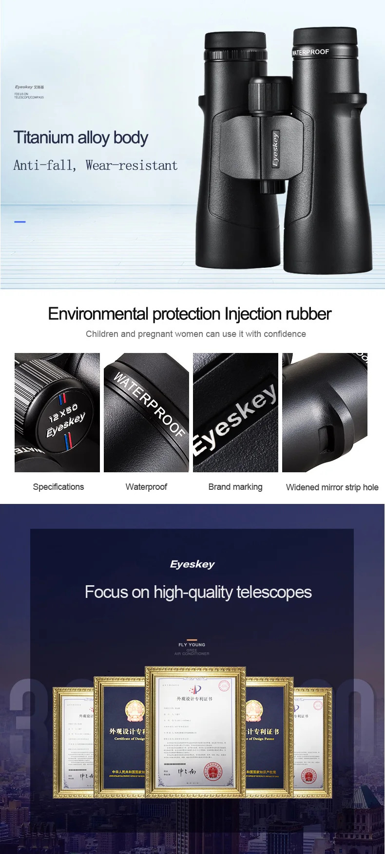 Eyeskey ED 10x50 Binoculars lll Night Vision Waterproof Super-Multi Coating Bak4 Prism Optics High Power Telescope For Hunting