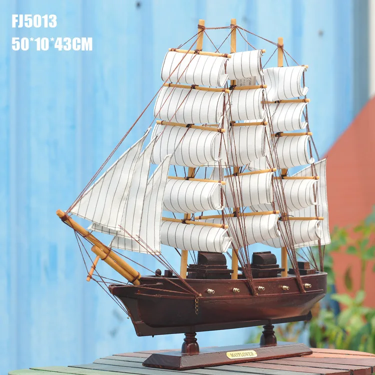 

50CM Wood Sailboat Crafts Mediterranean Style Model Figurine Ship miniaturas Seascape for Home Decoration Accessories Gifts