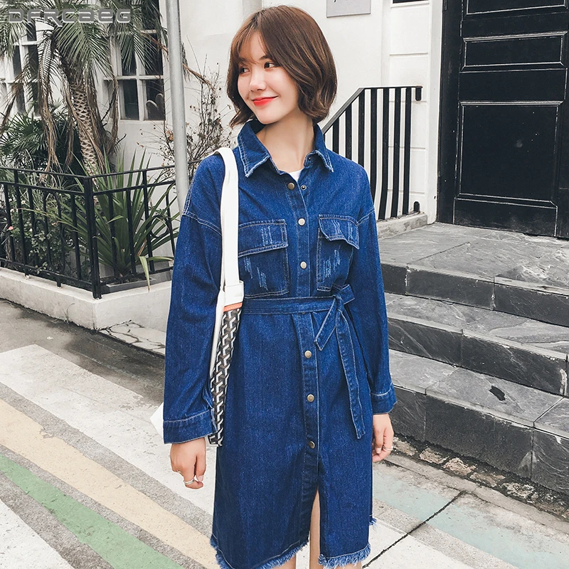 Plus Size Dresses For Women 4XL 5XL 2018 Autumn Vintage Denim Dress Lace Up Single Breasted Shirt Dress Fringe Jean Vestido Midi