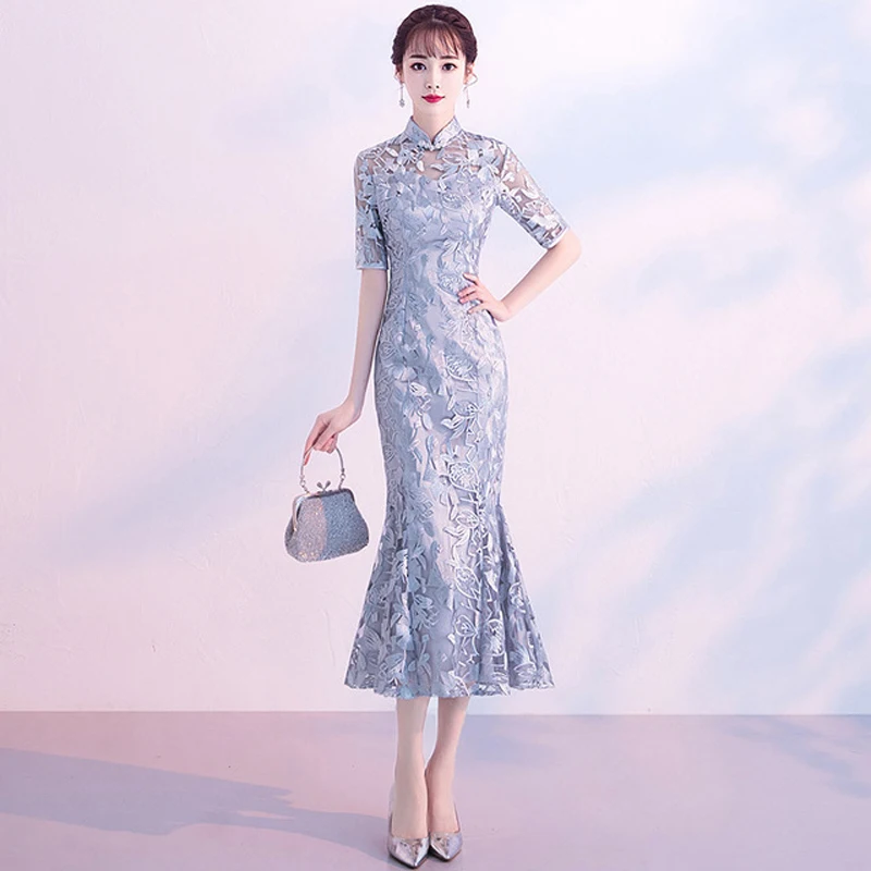

Gray Chinese Wedding Dress Female Short Sleeve Lace Cheongsam Slim Chinese Traditional Dress Women Qipao for Wedding Party