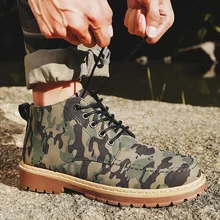 Модные камуфляжные мужские мотоциклетные ботинки для отдыха, полуботинки с круглым носком, ботинки на шнуровке, уличная рабочая обувь из искусственной кожи