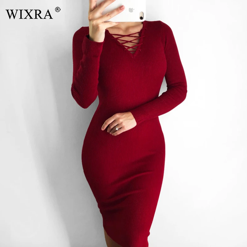 Acheter Wixra 2018 automne hiver femmes robe pull 2018 automne hiver longue Sexy robes moulantes à lacets maigre robe tricotée
