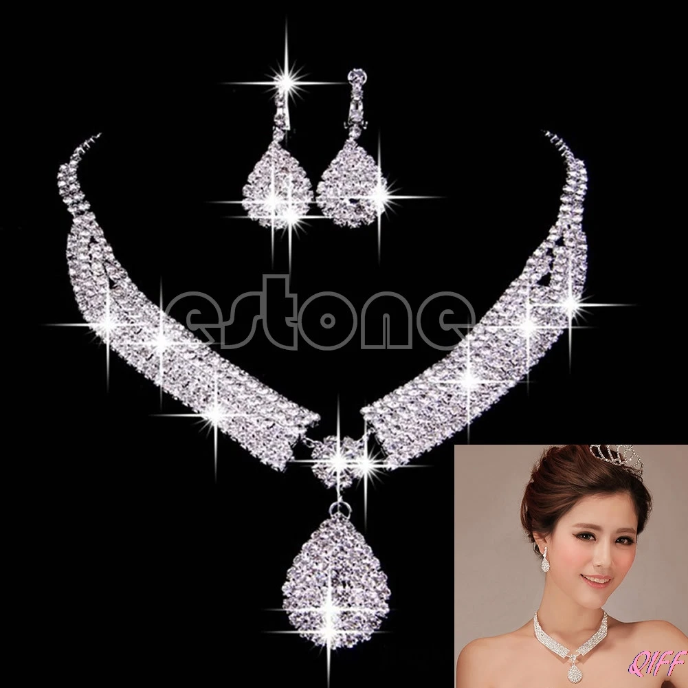 

Bridal Chic Rhinestone Party Water Crystal Drop Necklace Pendant Earrings Set