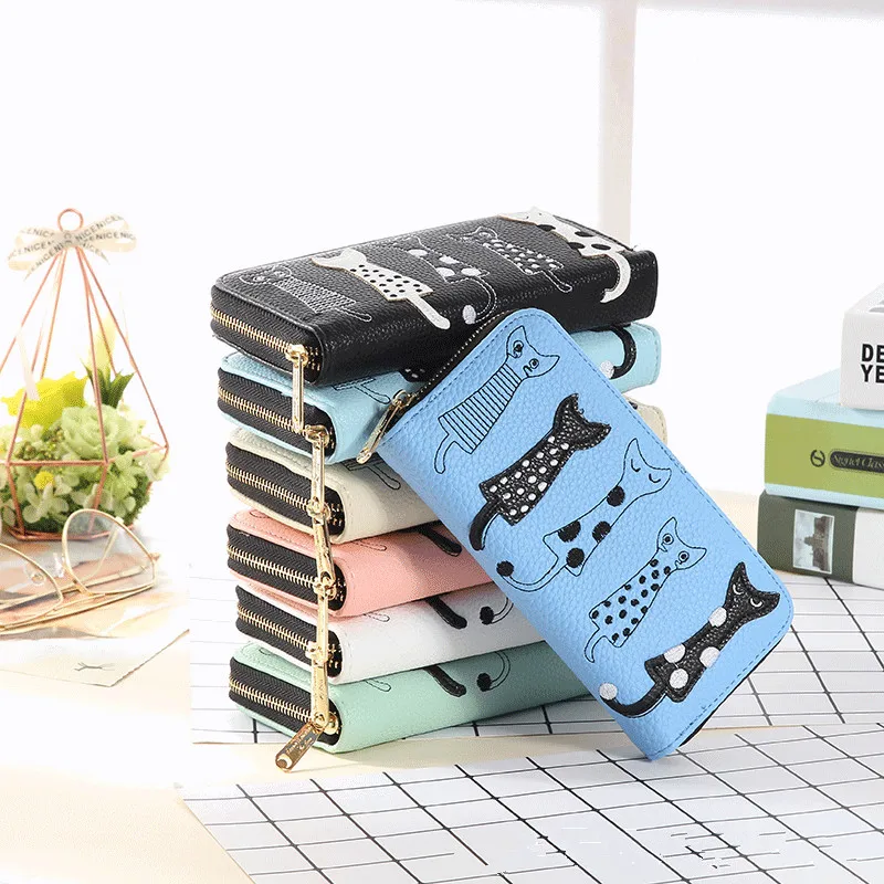 

Ladies long wallet cartoon cat pattern clutch bag pu leather multi-function card package mobile phone bag