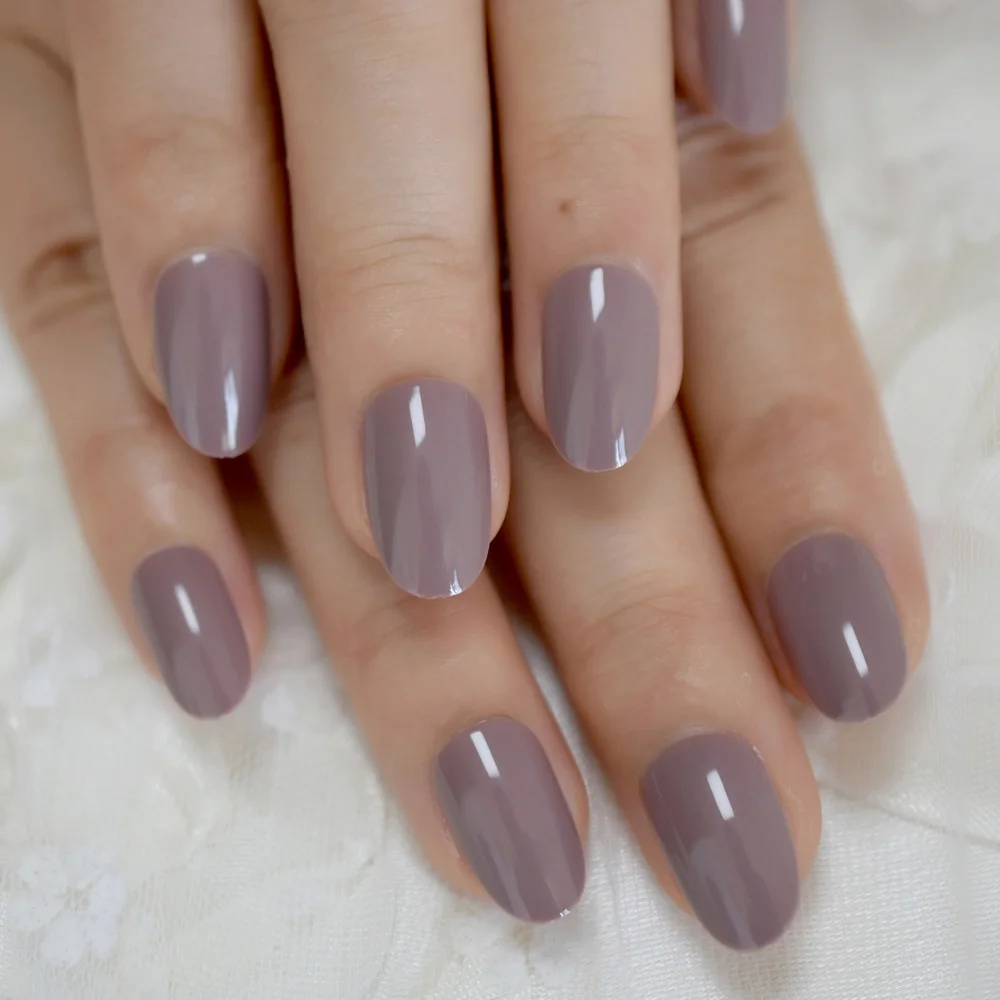  Pure Color Nails UV Polish Oval Faux Nails Light Taro Purple Glossy Nail Artificial Tips with Gluet