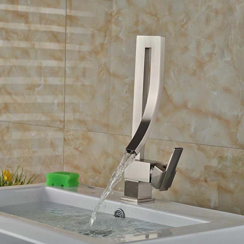 Brushed Nickel Creative Bathroom Sink Mixer Faucet Single Handle Waterfall Deck Mounted Hot and Cold Water