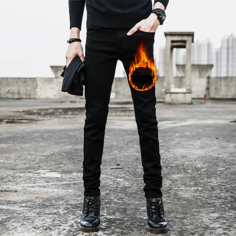 Зимние флисовые новые мужские повседневные джинсы черные классические модные дизайнерские обтягивающие джинсы мужские высококачественные плотные облегающие джинсовые брюки - Цвет: Черный