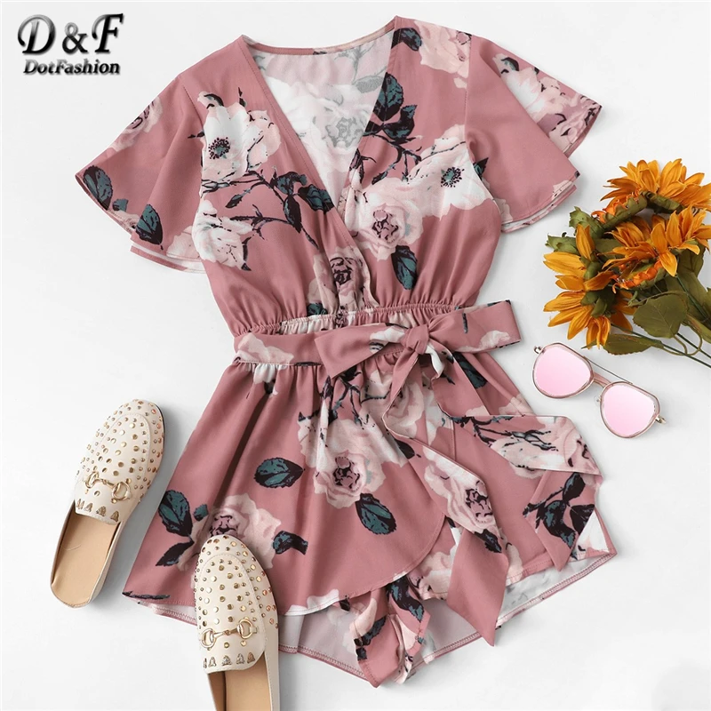 

Dotfashion Pink Knot Floral Print Wrap Romper Womens Clothing 2019 Vacation V Neck Summer Short Sleeve Mid Waist Beach Playsuit