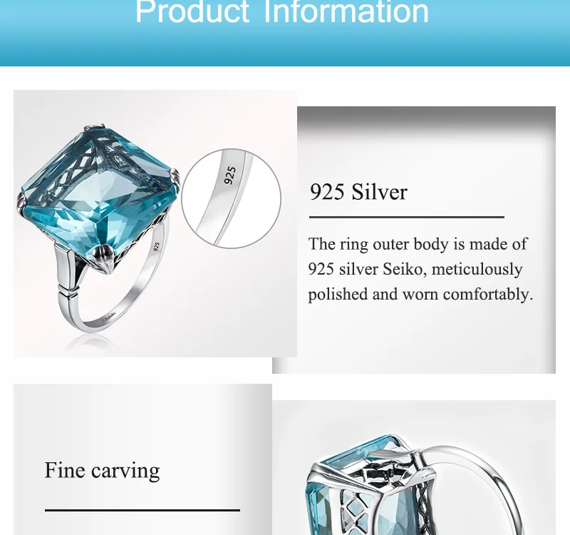 Szjinao, высокое качество, винтажное, одноцветное, 925 пробы, серебряное кольцо для женщин, квадратное, синее, большое, аквамариновое кольцо с драгоценным камнем, ювелирных изделий