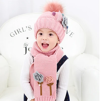 Зимняя шапка с помпоном, шарф, комплект для девочек, шапки, шарфы для детей, вязаная шапочка, шапка с цветочным принтом, HT020 - Цвет: pink