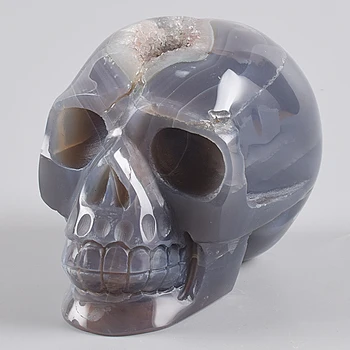 

749 g Hand Carved Skull Agate Crystal Geode 4.2 " Skulls Natural Stone Halloween Quartz Figurine Onyx Statue Feng Shui Decor