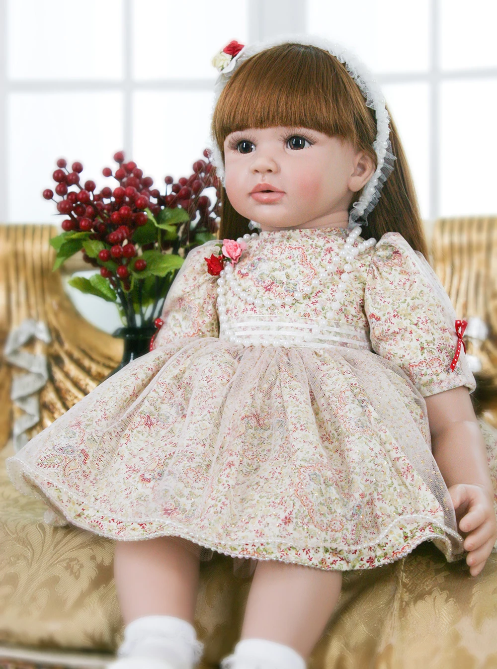 

Pursue 22"/56cm Beautiful Princess Girl Toddler Reborn Babies Brown Long Hair Custom Made Dress Soft Body Daughters Best Gifts