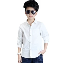 Белые школьные рубашки на пуговицах для мальчиков; коллекция года; рубашки с длинными рукавами и отложным воротником для мальчиков; детские топы; одежда для детей-подростков; Bs020