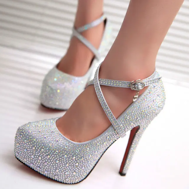 de boda de baile de graduación de tacones súper altos para mujer plataformas de cristal de diamantes de imitación zapatos de vestido de novia de fiesta rojo calzado blanco|Zapatos de tacón