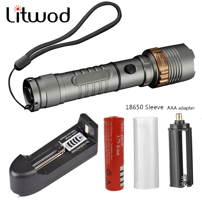 

Litwod Z302622 LED Tactical Flashlight Zoom Torch Waterproof XM-L T6 3800LM 5 mode Led Rechargeable 18650 Battery & Charger