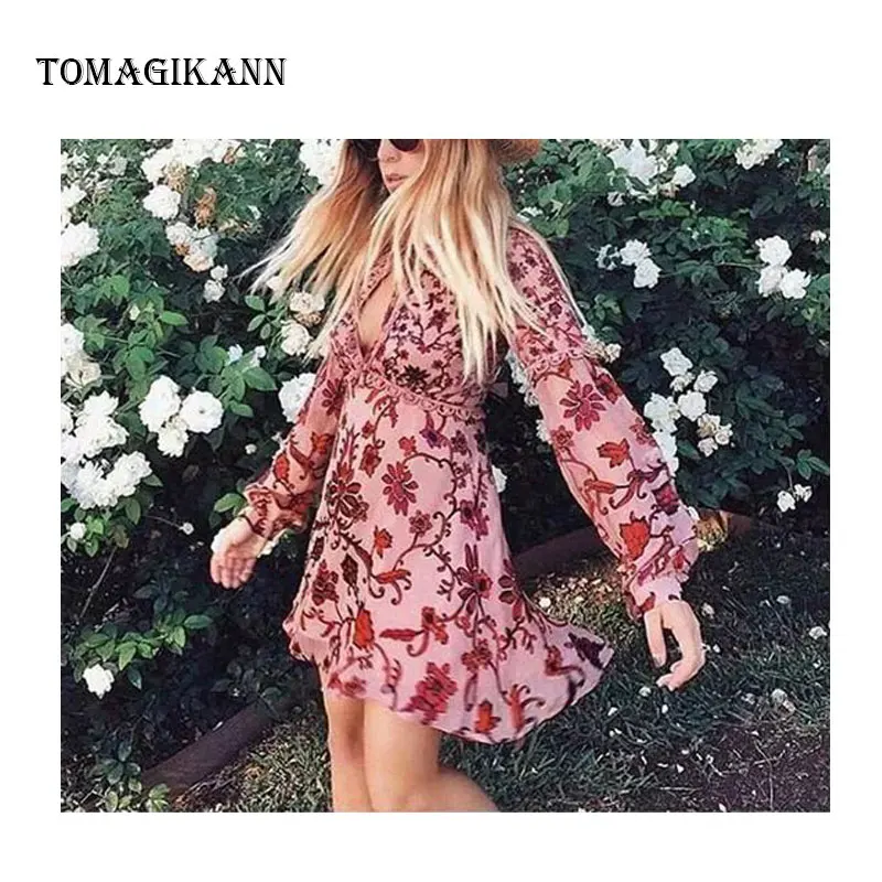 Sexy Flower Print Chiffon Deep V-Neck A Line Full Sleeve Short Dress 2019 Women Fashion Dresses Holiday | Женская одежда