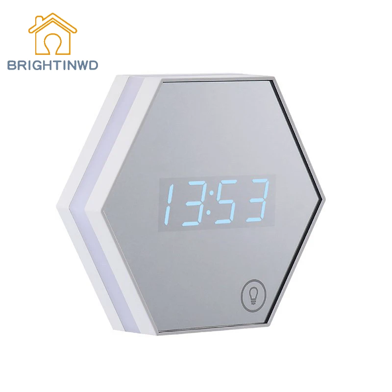 

BRIGHTINWD LED Night Light Mirror Digital Alarm Clock Seat Mirror Table Desktop Clock Snooze Multifunctional Thermometer Display
