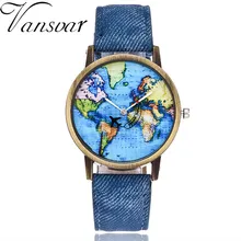 Relojes Pará Mujer Montre Femme Novo Mapa Padrão Global de Viagens De Avião Mulheres Dress Watch Tecido Denim Senhoras Faixa de Relógio