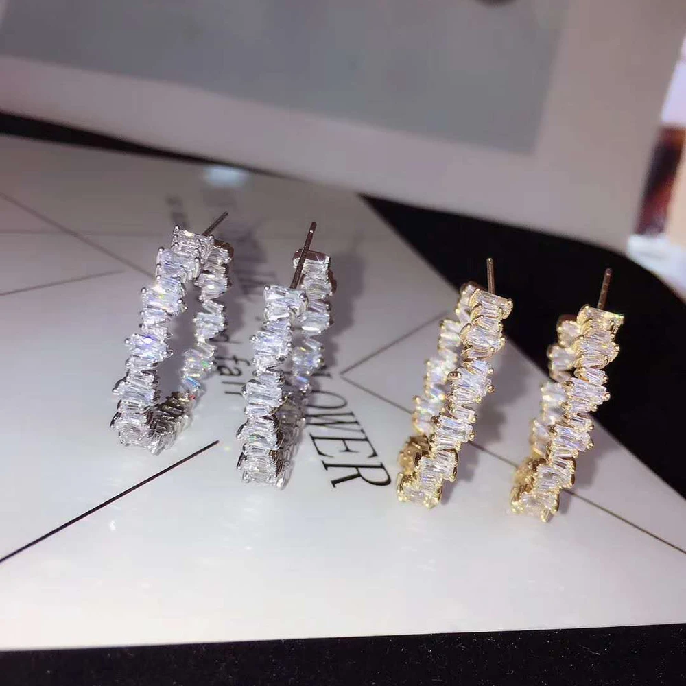 HIBRIDE Luxury Crystal Baguette Hoop Earrings For Women Jewelry Fashion Wedding Brincos Party Hoop Earring Wholesale E-876 - Image 4