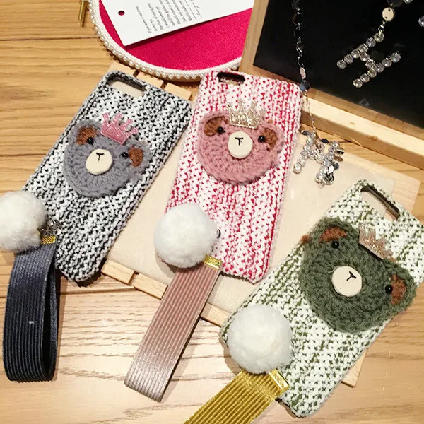 Plush Animal Phone covers For iPhone 7 6 8 case Cute Knitted Bear Cover