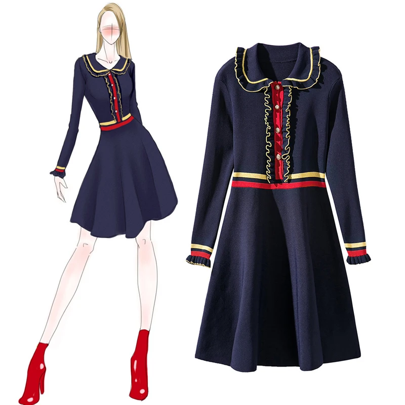 

Early spring new wholesale doll collar ear edge knitting dress striped knitted navy blue dresses women long sleeve dress