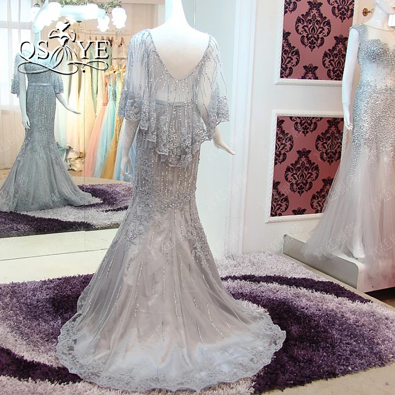 Vestido de festa 2017 настоящие фото Серые Вечерние платья Русалочки с бусинами и накидкой