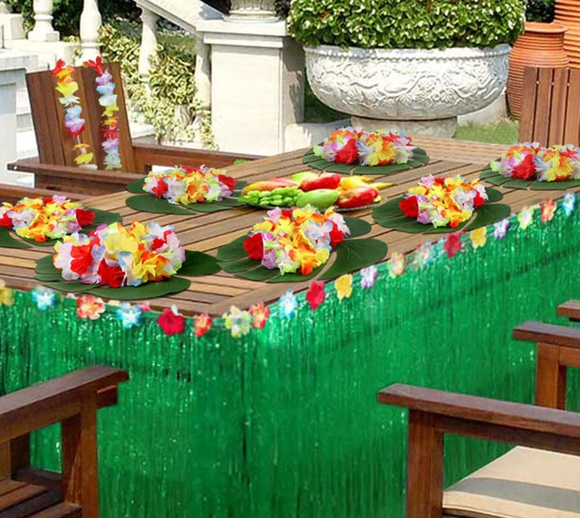 DIY Hawaiian Party Decor Large Artificial Grass Table Skirt Tropical Luau Summer Beach Party Supplies Green/Yellow with Hibiscus