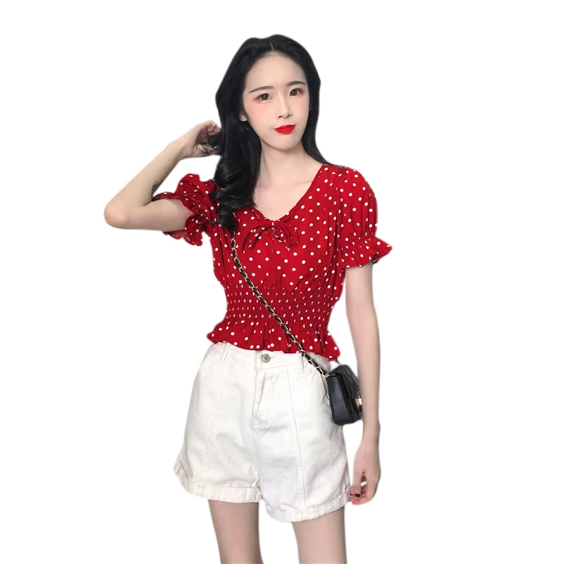 

2019 summer new women's V-neck lace-up dot printed short blouses shirts female elegant waist sleeve shirt tops G175