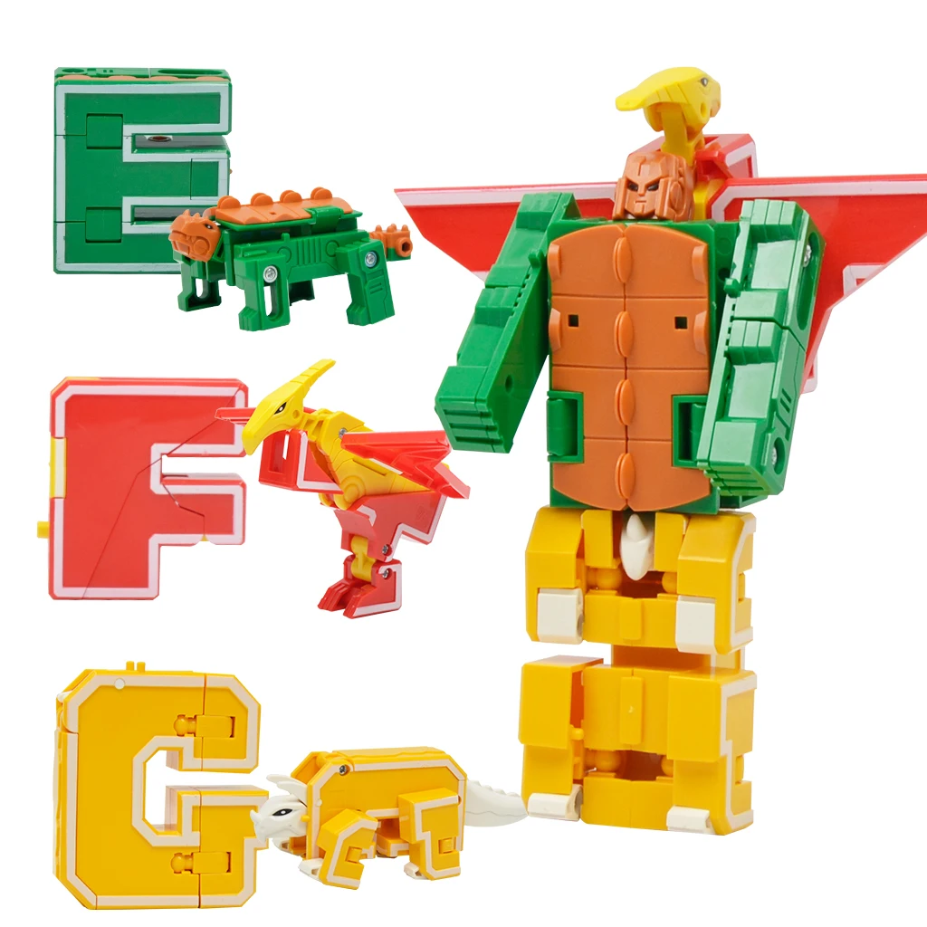 7 Pieces Dinosaur Alphabet Blocks Transform Robots Toy Playset Combinate to Big Robot Early Letter Educational for Kid Boys Gift