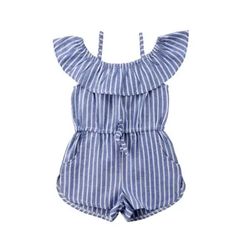 

Blue Stripes Kids Girl Romper Overalls Strap Ruffles off Shoulder One-Pieces Rompers Toddler Jumpsuit Playsuit Summer