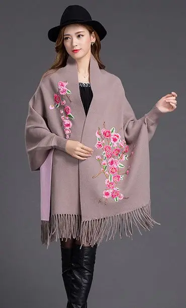 khaki pink Фирменный дизайн, пончо с рукавами «летучая мышь», шарф, женское кашемировое пончо Zizith, вышитая накидка-пончо, накидка-платок - Color: khaki pink